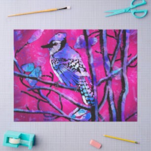 Blue Jay on Tree Branches Abstract Art Pink Tissue Paper