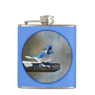 Blue Jay Painting - Original Bird Art Hip Flask