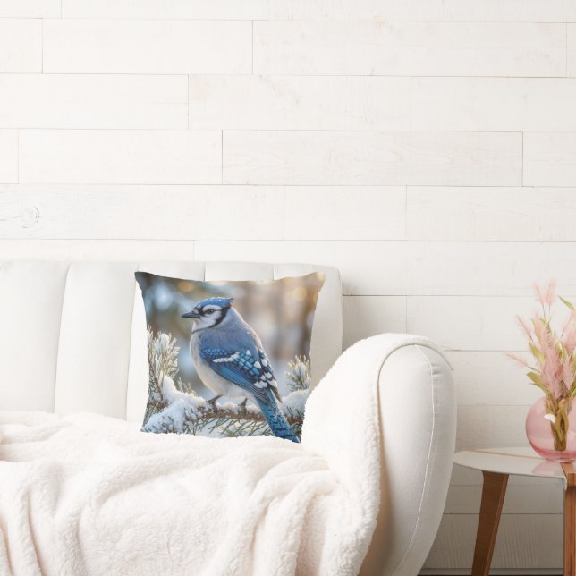 Blue Jay Perched On a Snowy Pine  Cushion (Couch)