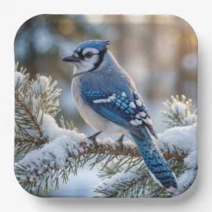 Blue Jay Perched On a Snowy Pine Paper Plate