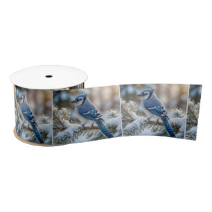 Blue Jay Perched On a Snowy Pine Satin Ribbon