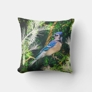 Blue Jay Pin Branches Stylised Bird Outdoor Pillow