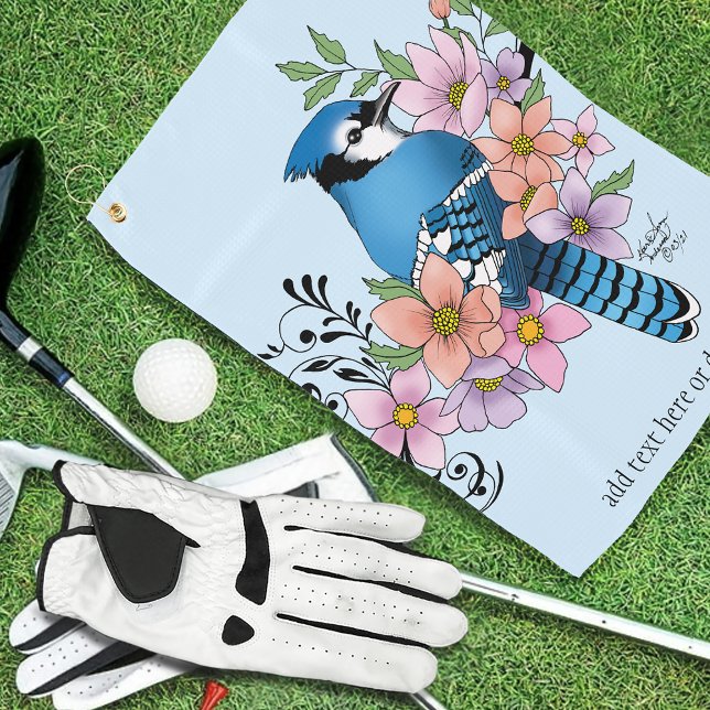 Blue Jay Spring Flowers Golf Towel (Creator Uploaded)