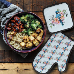 Blue Jay Spring Flowers Oven Mitt & Pot Holder Set