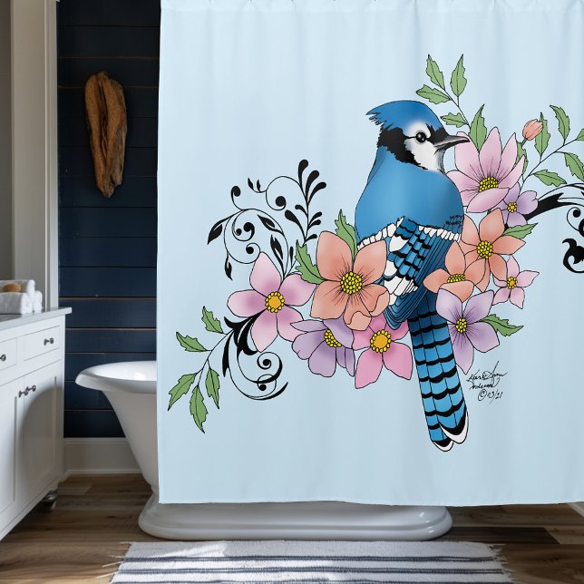 Blue Jay Spring Flowers Shower Curtain (Creator Uploaded)