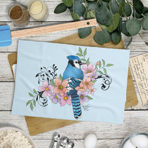 Blue Jay Spring Flowers Tea Towel