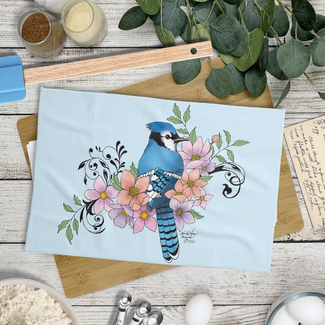 Blue Jay Spring Flowers Tea Towel (Creator Uploaded)