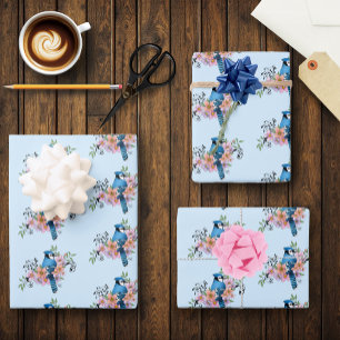 Blue Jay Spring Flowers Wrapping Paper Sheet