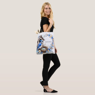 Blue Jay Tote on Birdhouse - Floral Illustration Bag