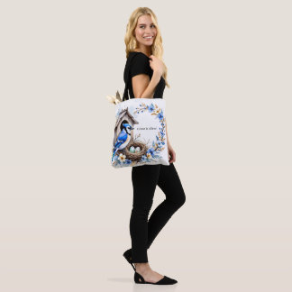 Blue Jay Tote on Birdhouse - Floral Illustration  Bag