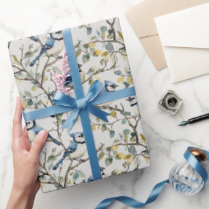 Blue Jays Bird Branches and Blossoms Wrapping Paper