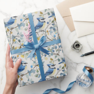 Blue Jays Bird Branches and Blossoms Wrapping Paper