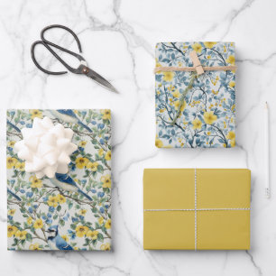 Blue Jays Bird Branches and Blossoms Wrapping Paper Sheet