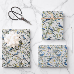 Blue Jays Bird Branches and Blossoms Wrapping Paper Sheet