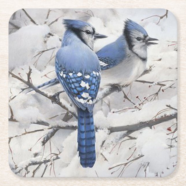 Blue Jays in a Snow Filled Tree Square Paper Coaster (Front)