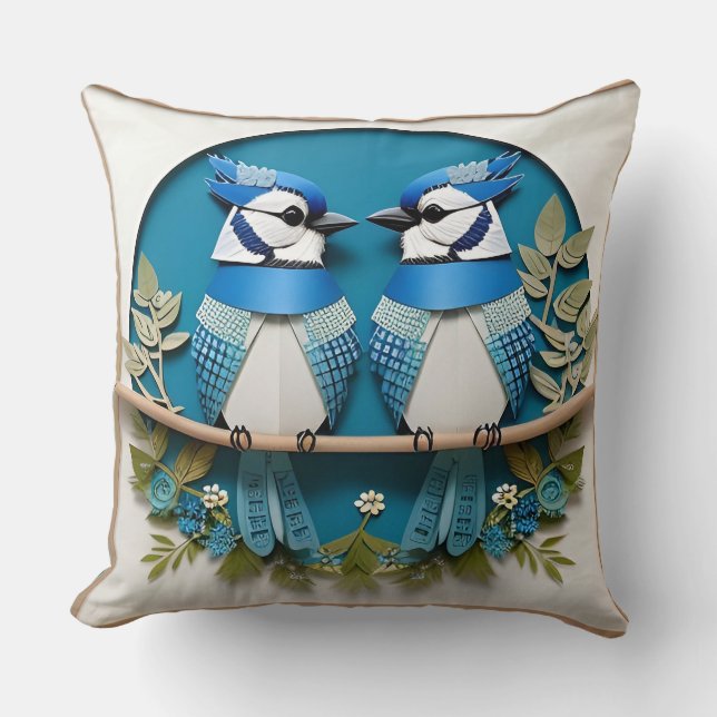 Blue Jays Perched Among Floral Details Cushion (Front)