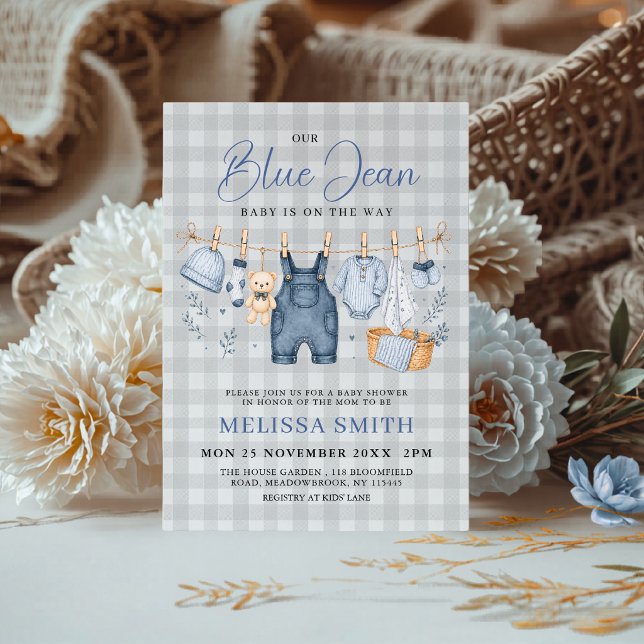 Blue Jean Baby Chequered Gingham Denim Shower Invitation (Creator Uploaded)