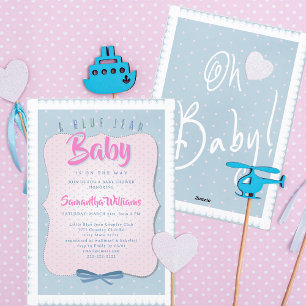 Blue Jean Baby Cute Pink Denim Girl Baby Shower Invitation