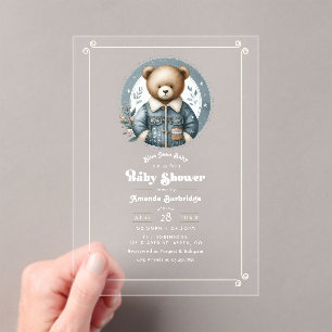 Blue Jean Baby Denim Teddy Bear Baby Shower Acrylic Invitations