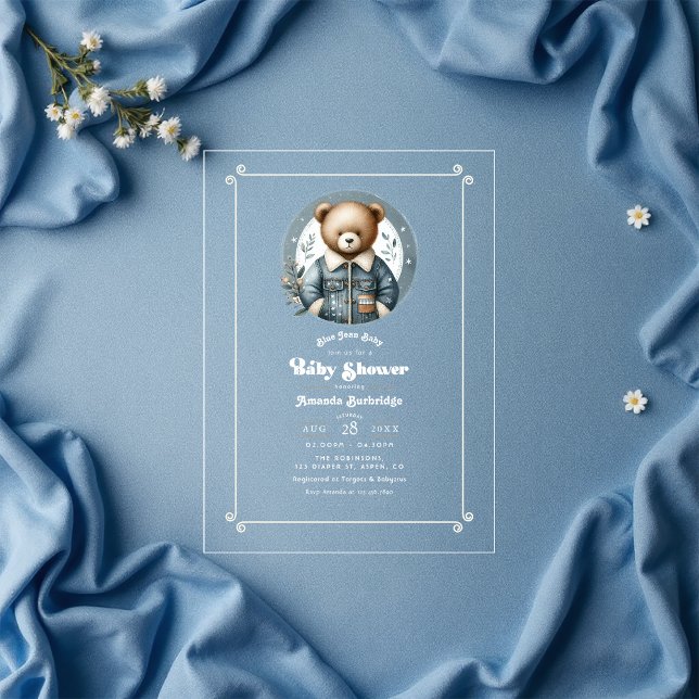 Blue Jean Baby Denim Teddy Bear Baby Shower Acrylic Invitations (Blue Jean Baby Denim Teddy Bear Baby Shower Acrylic Invitation)