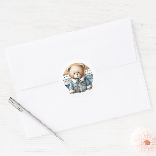 Blue Jean Baby Denim Teddy Bear Baby Shower Classic Round Sticker (Envelope)