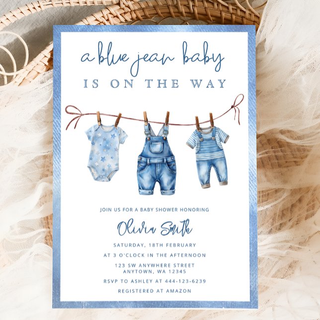 Blue Jean Baby is On The Way Denim Boy Baby Shower Invitation (Creator Uploaded)