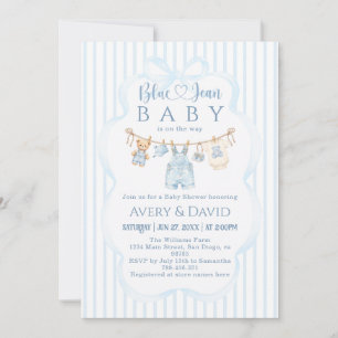 Blue Jean Baby Shower Boy Modern Stripe Invitation