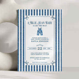 Blue Jean Baby Shower Dark Coastal Stripe Bows Invitation
