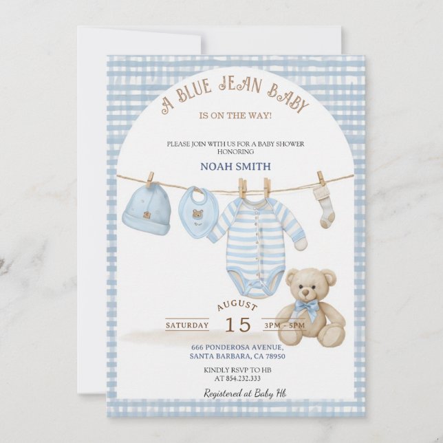 Blue Jean Baby Shower Invitation | Blue Gingham Te (Front)