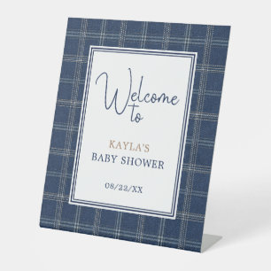 Blue Jean Baby Shower Preppy Navy Plaid Welcome Pedestal Sign