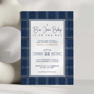 Blue Jean Baby Shower Preppy Plaid Script Invitation
