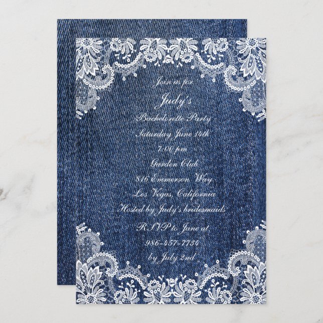 Blue Jean Denim And Lace Bachelorette Party Invitation (Front/Back)