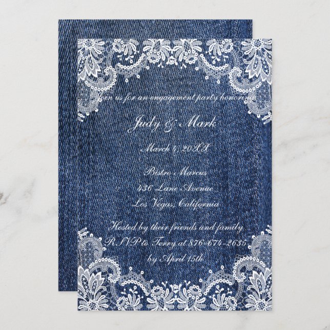 Blue Jean Denim And Lace Engagement Party Invitation (Front/Back)