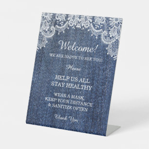 Blue Jean Denim And Lace  Safety Measures Pedestal Sign