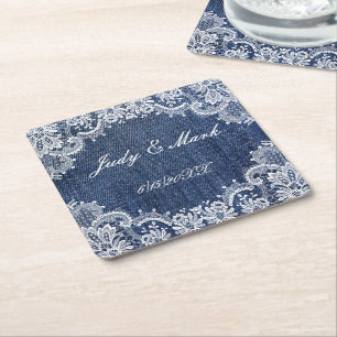 Blue Jean Denim And Lace Square Paper Coaster