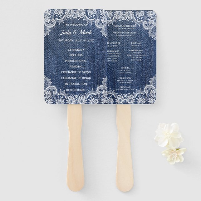 Blue Jean Denim And Lace  Wedding Program Hand Fan (Front and Back)