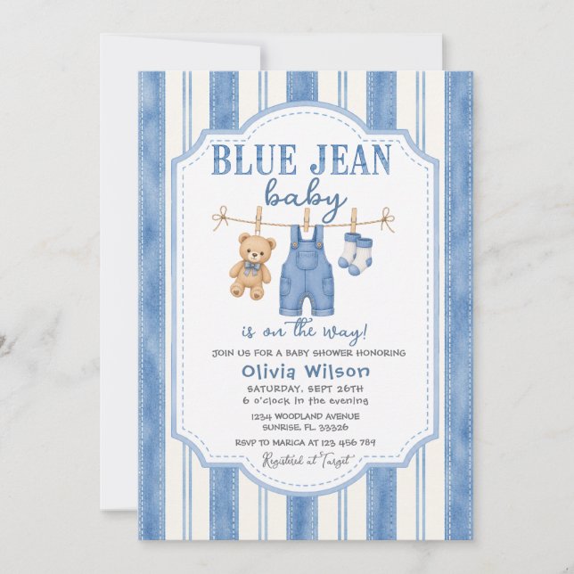 Blue Jean Denim Baby Shower Invitation (Front)