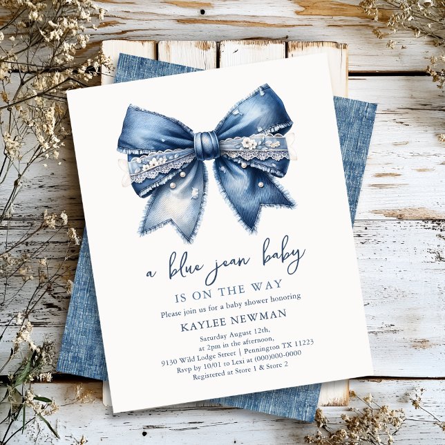 Blue Jean Denim Bow Baby Shower Invitation (Creator Uploaded)