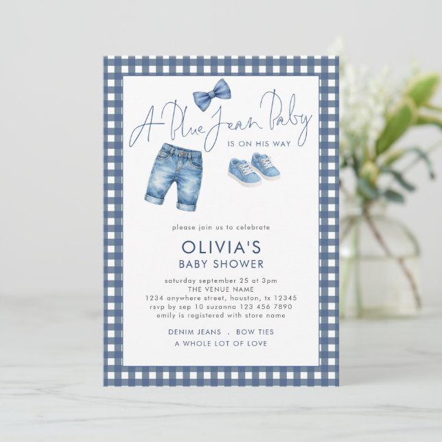 Blue Jean Denim Boy Gingham Baby Shower  Invitation (Standing Front)