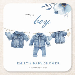 Blue Jean Denim Clothes Boy Baby Shower Square Paper Coaster