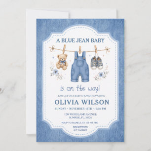 Blue Jean Denim Clothesline Baby Shower Invitation