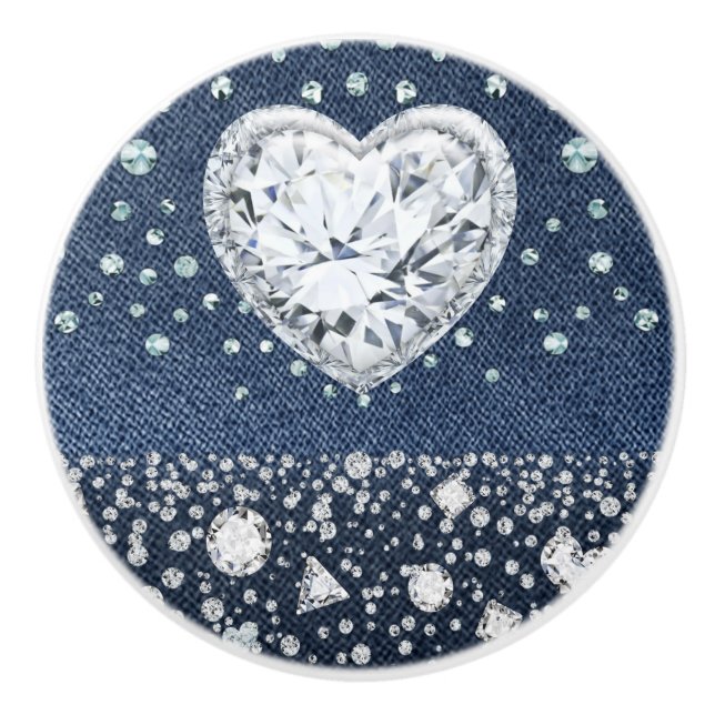Blue Jean Denim & Diamonds Bling Diamond Heart Ceramic Knob (Front)
