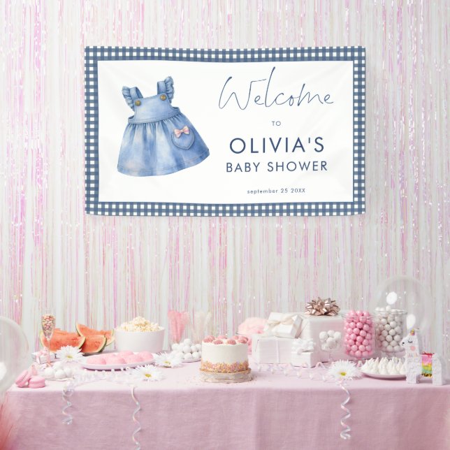 Blue Jean Denim Gingham Girl Welcome Baby Shower  Banner (Party)