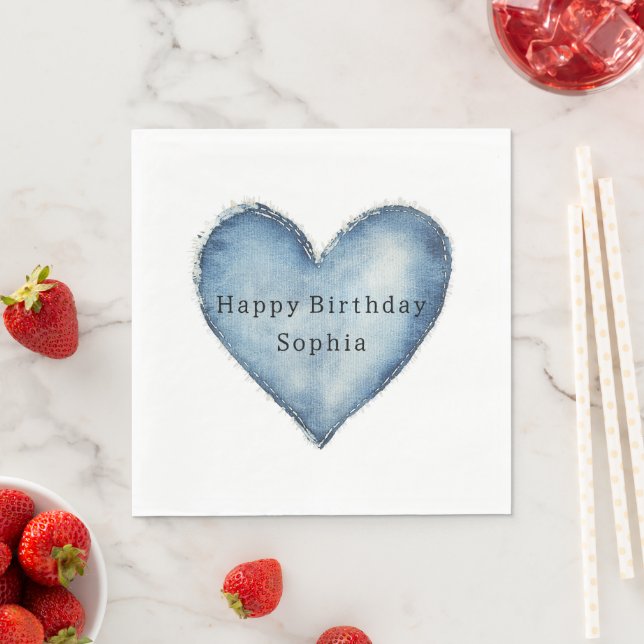 Blue Jean Denim Heart Birthday Napkin (Insitu)