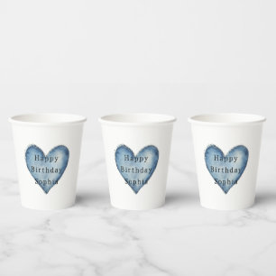 Blue Jean Denim Heart Birthday Paper Cups