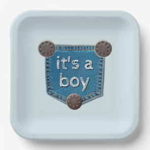 Blue Jean Denim It's a Boy Baby Shower Paper Plate