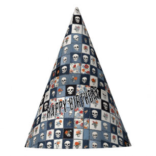 Blue Jean Denim Patchwork Skulls And Florals Party Hat