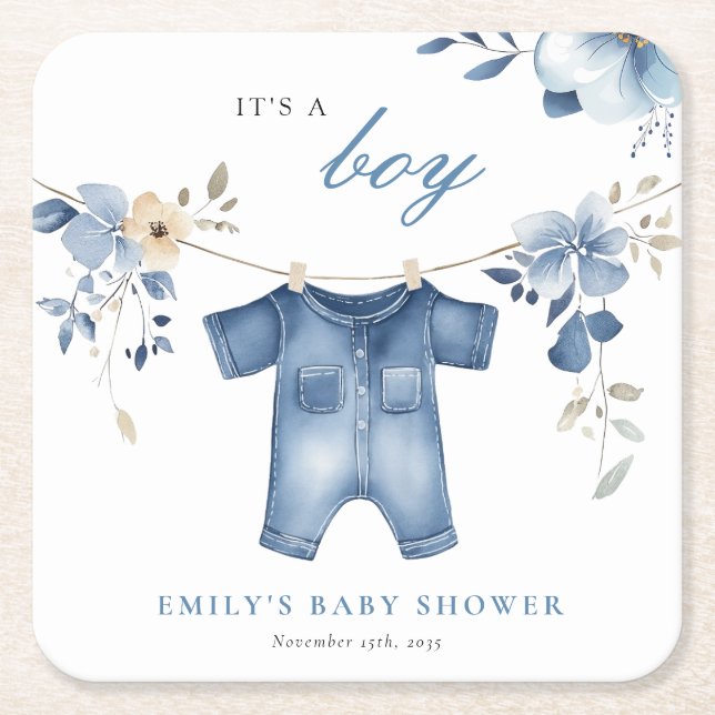 Blue Jean Denim Sweet Boy Baby Shower Square Paper Coaster (Front)