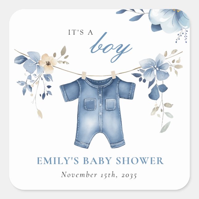 Blue Jean Denim Sweet Boy Baby Shower Square Sticker (Front)