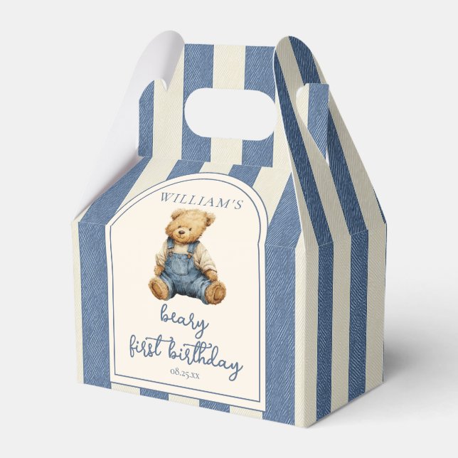 Blue Jean Denim Teddy Bear 1st Birthday Favour Box (Front Side)